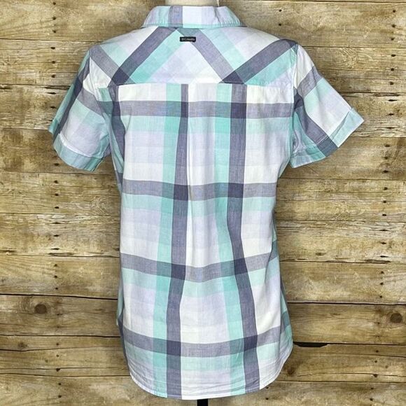 COLUMBIA PLAID SEMI-FITTED CASUAL SHORT SLEEVE BUTTON FRONT CASUAL SHIRT MEDIUM - Picture 2 of 3